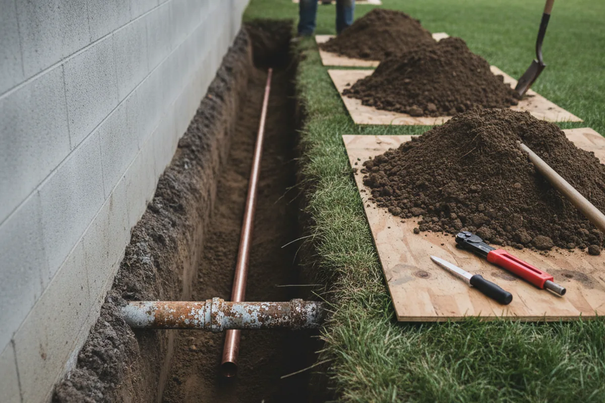 Excavated water line trench during Water Softener Installation in Winterville